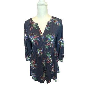 Maeve by Anthropologie Blouse Small Floral Button Down 3/4 Sleeve Blue
